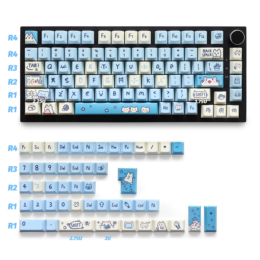 Blue Cat Cherry Profile Keycaps PBT Material 130 Keys Five Side Dye-Sub Keycaps for 61/87/104/108 Mx Switch Mechanical Keyboard