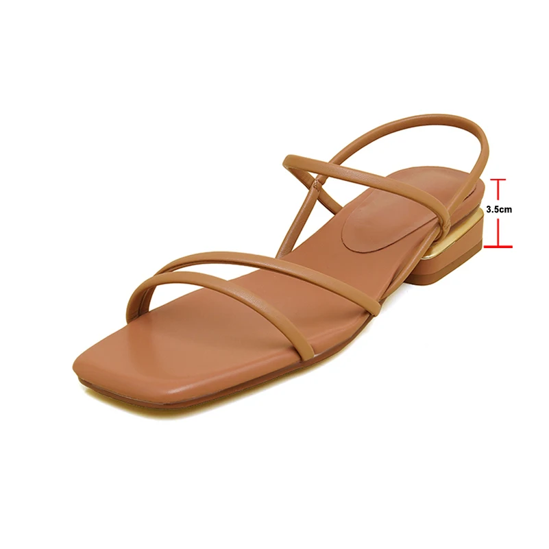 Meotina Women Sandals Square Toe Block Mid Heels Narrow Band Ladies Concise Brand Design Fashion Casual Shoes Summer Beige 40