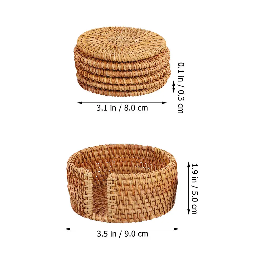1Set Rattan Coaster Woven Round Drink Coasters Pastoral Style Cup Mat Tea Cup Placemat with Holder Heat Insulation Non Slip