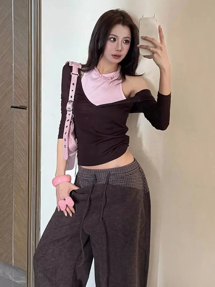 레트로 대비 색상 긴팔 티셔츠 여성 섹시 오프숄더 슬림핏 크롭탑 한국 패션 Y2K 감성 티셔츠