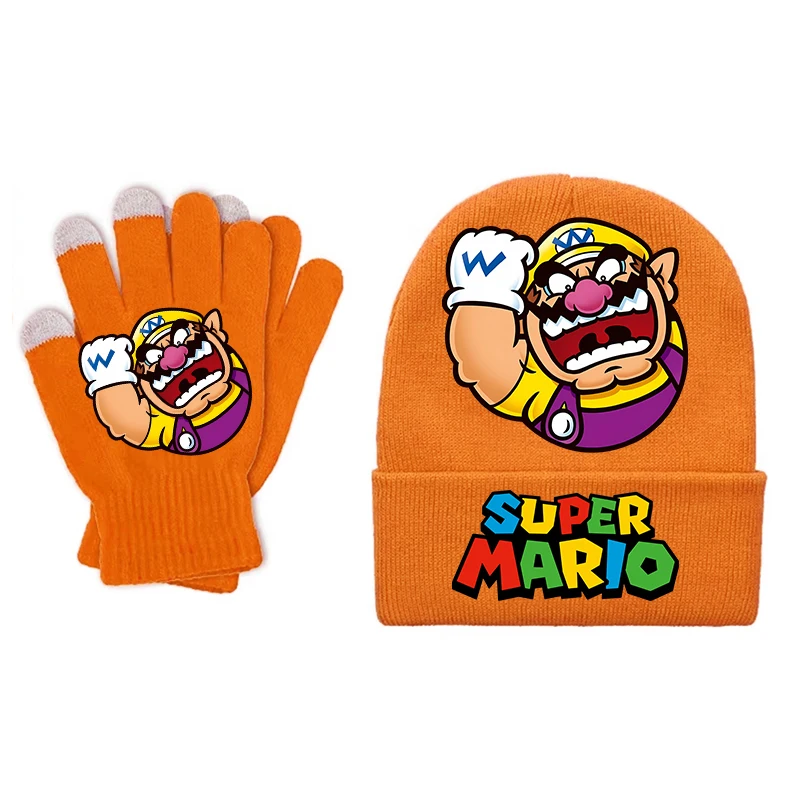 Super Marios Bro Gloves Knitted Hat 2pcs Sets Boy Girl Cartoon Cute Knit Hats Mittens Suit Children Winter Warm Accessories Gift