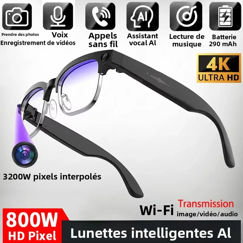 Lunettes intelligentes 4K avec IA, caméra 8MP, enregistrement vidéo, reconnaissance photo, traduction, appels Bluetooth, photochromiques, étanches