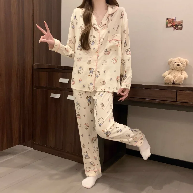 Pyjama Hello Kitty en pur coton pour la maison, pantalon à manches longues, ensemble 2 pièces, dessin animé Sanurgente, décontracté, respirant, automne, nouveau