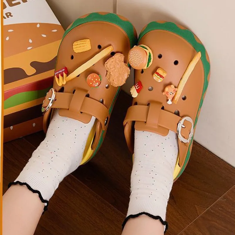 Funny Hamburger Summer Slippers Cute Cartoon Accessories Shoes Waterproof Slippers Cosplay Outdoor Sandals Ankle-Wrap EVA Shoes