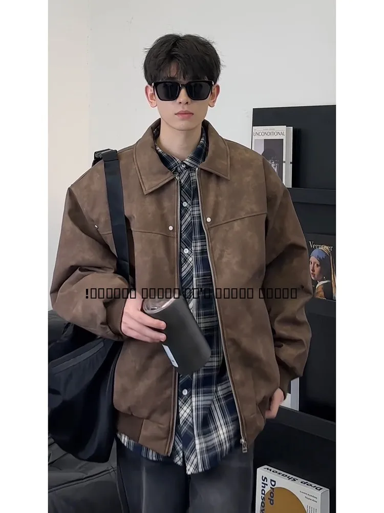

Brown Leather Jaet Men's Trendy High-End Feel Autumnal American Sle Stand Collar Jaet Cleanfit Retro Motorcycle Riding ...