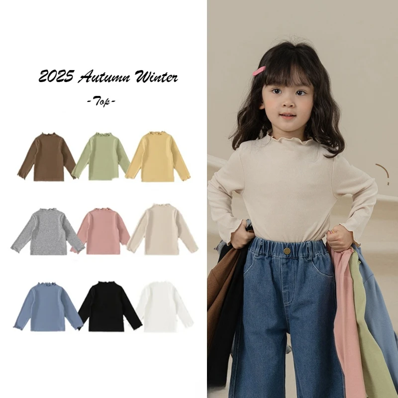 

2025 Autumn Winter Girls' Long Sleeved Soft Solid Color Top Little Girls' Cotton T-shirt Autumn Clothing Girls' Clothing 3-10Y