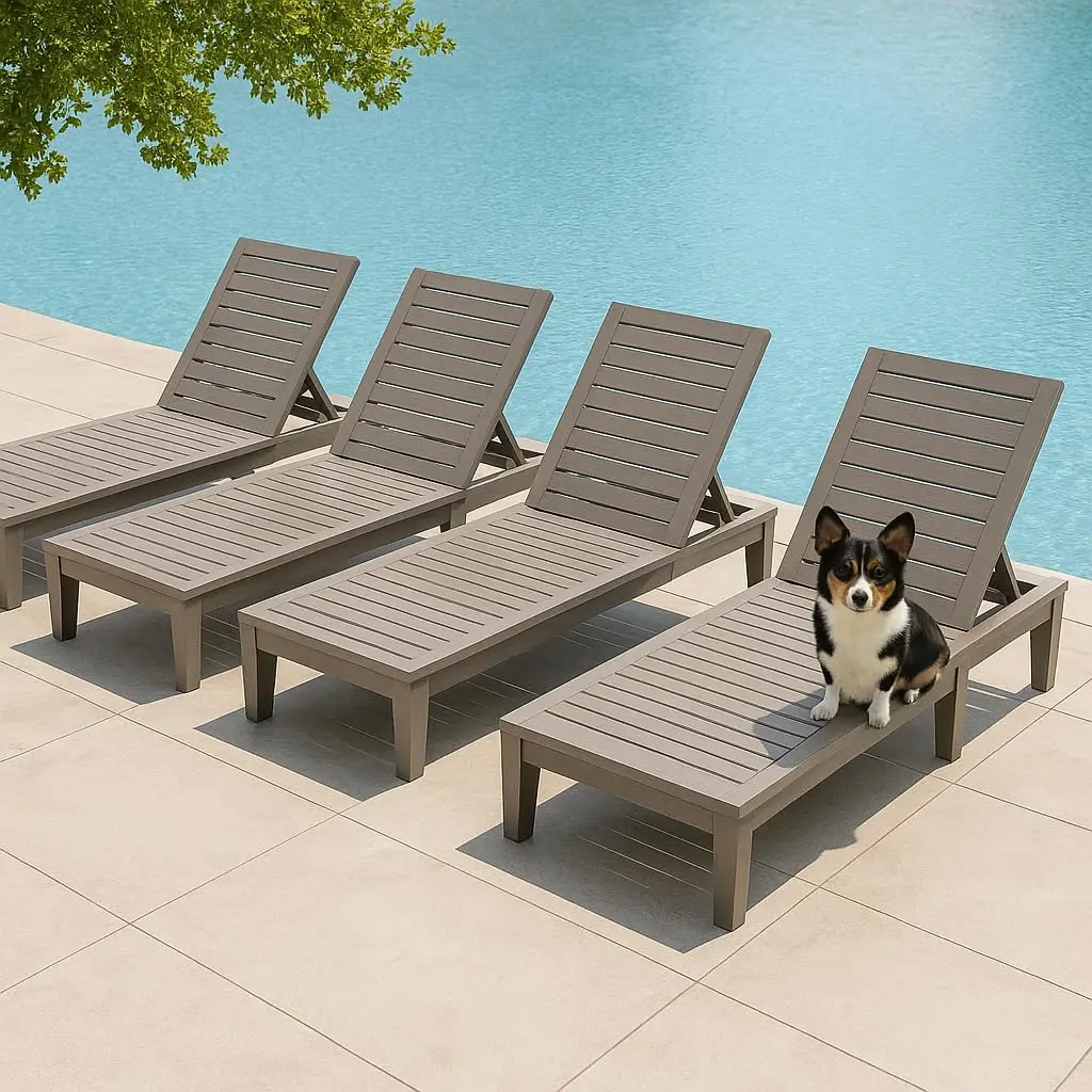 Outdoor Chaise Lounge Chairs Set of 4, 5-Position Adjustable Tanning Lounge Chairs with Wood Texture, All-Weather Resin