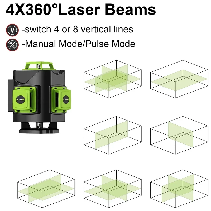 LFINE Nivel Laser 4D 16 Lines 360 Self-Leveling Professional Laser Level with Tripod Suitcase Horizontal And Vertical Green Line