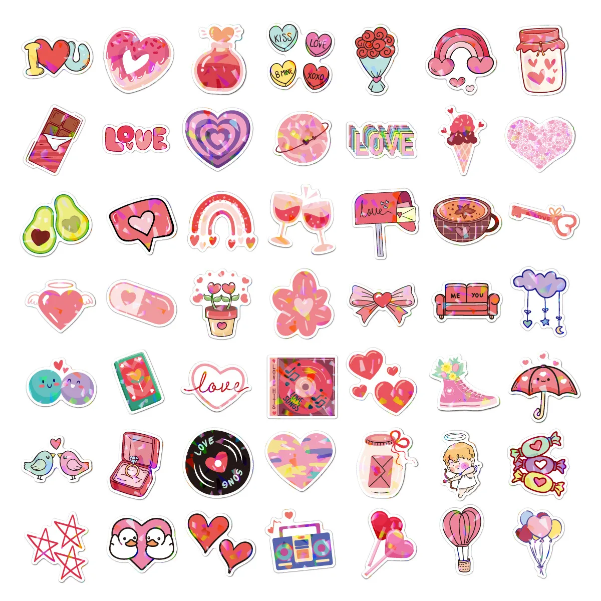 50pcs Shiny Love Stickers Pink Valentine\'s Day Sticker Laser Waterproof Stationery Scrapbook Label Diary Journal Gift Decoration