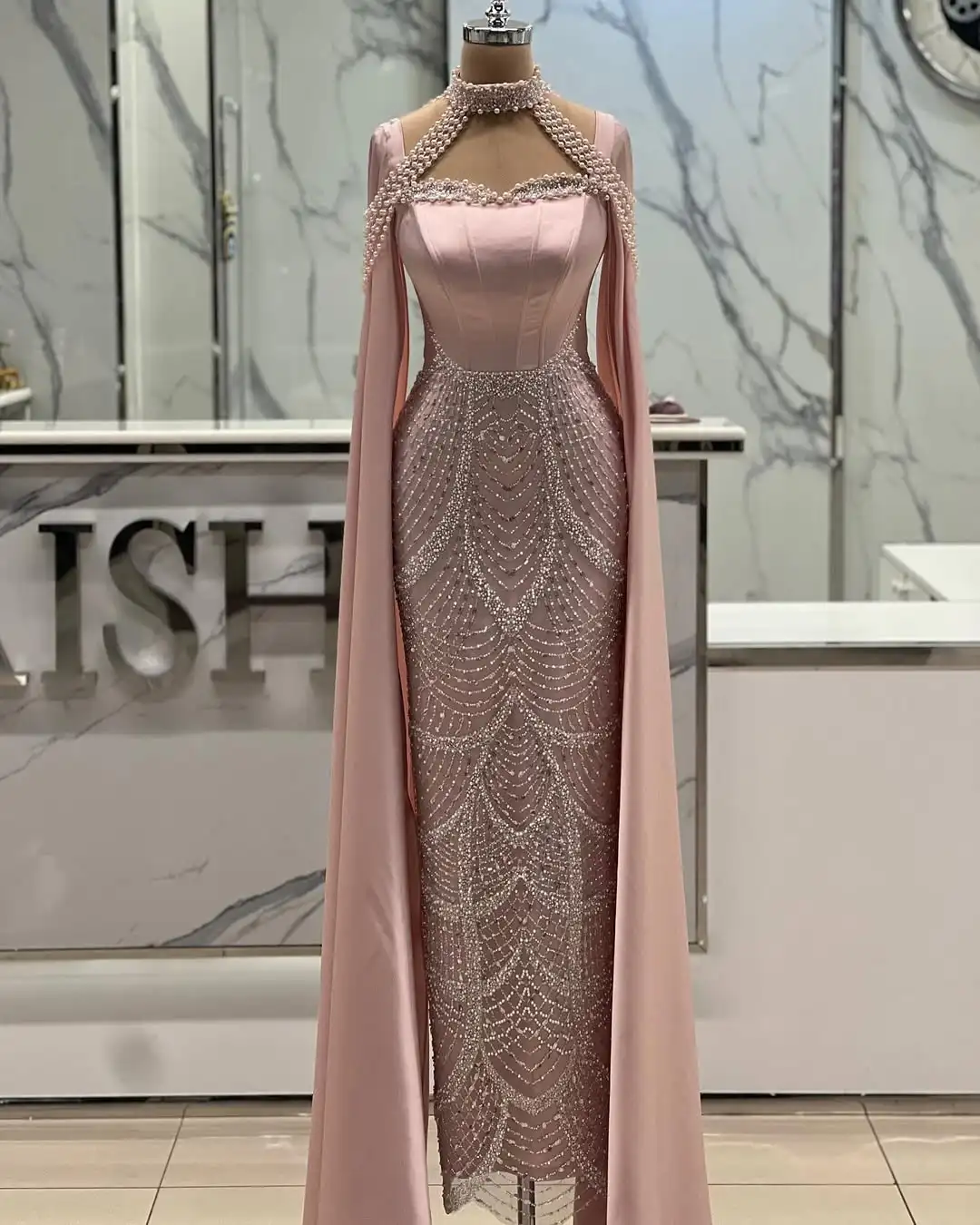 

Ofherown Luxury Pink Pearls Beaded Mermaid Evening Dress with Cape Sleeves Arabic Dubai فستان الزفاف Party Prom Gown