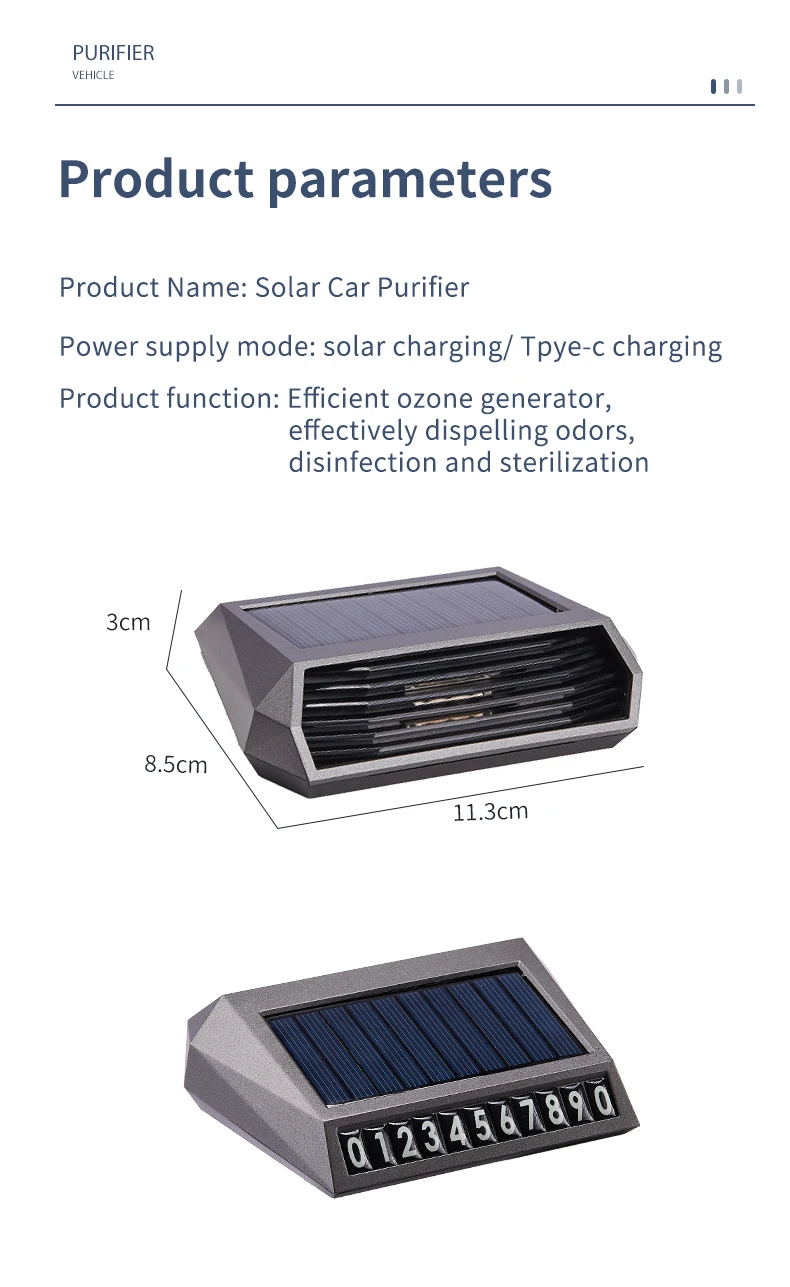 Solar Auto Luft reiniger mit Ozon und negativen Ionen Geruchs beseitigung Luftfilter mit temporären Park nummern schild USB-Aufladung – Detail 4