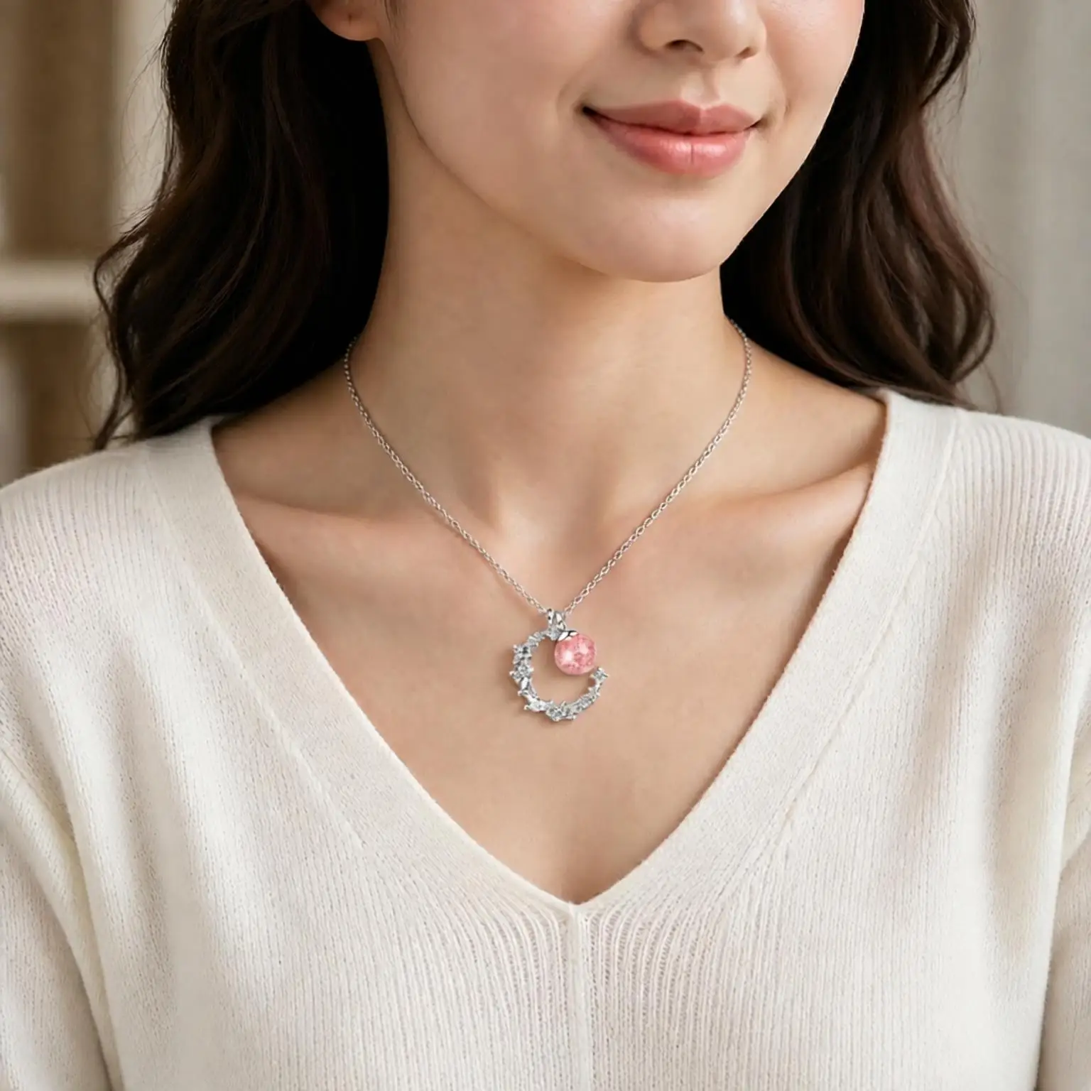 Pretty 925 Sterling Silver Moon Strawberry Quartz Crystal Zircon Pendant Necklaces for Women Girls Wedding Party Jewelry Gifts