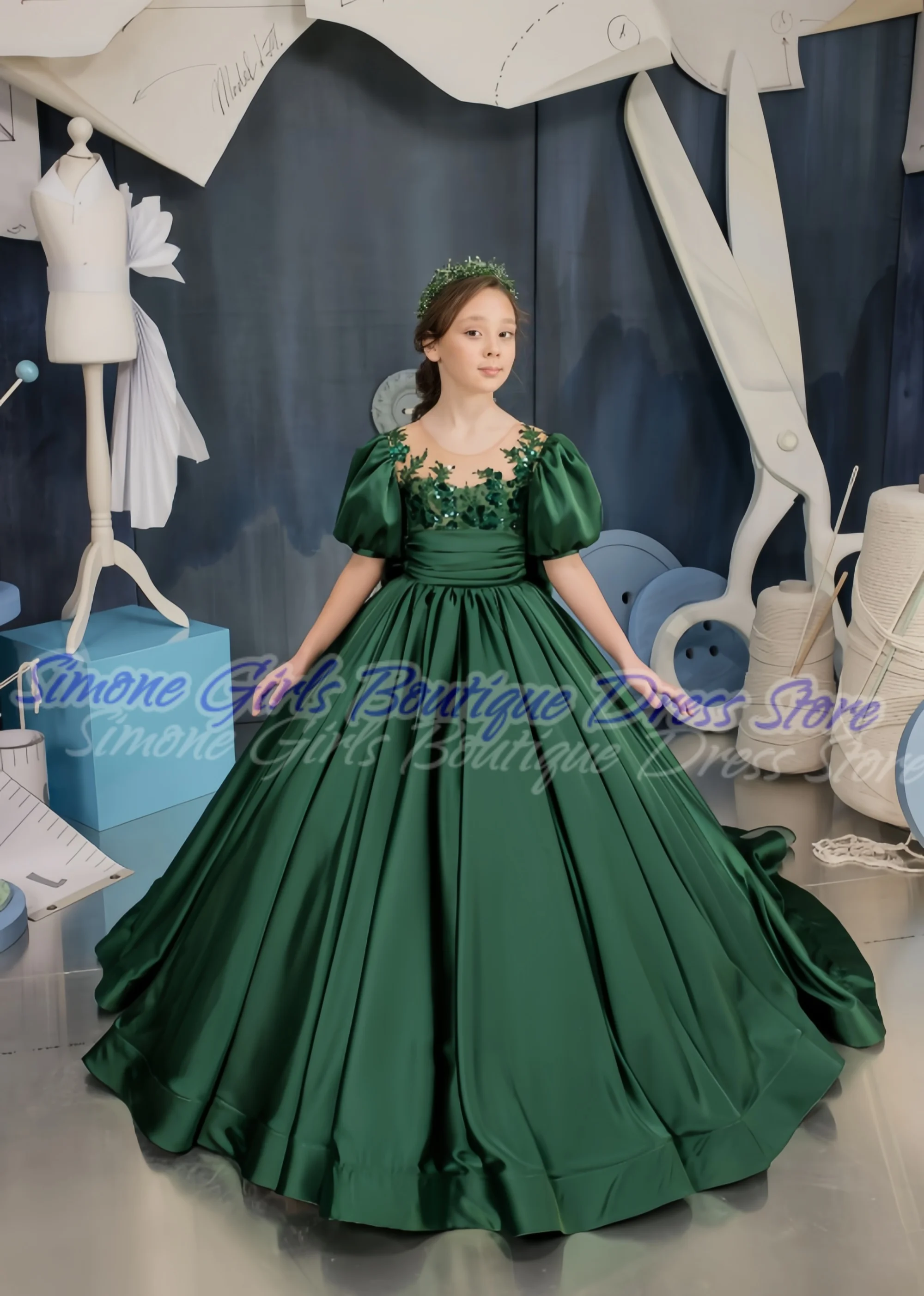 Princess Dress Contrast Lace Lace Up Sequin Lantern Sleeve Flower Girls Dresses for Birthday Parties Formal Receptions