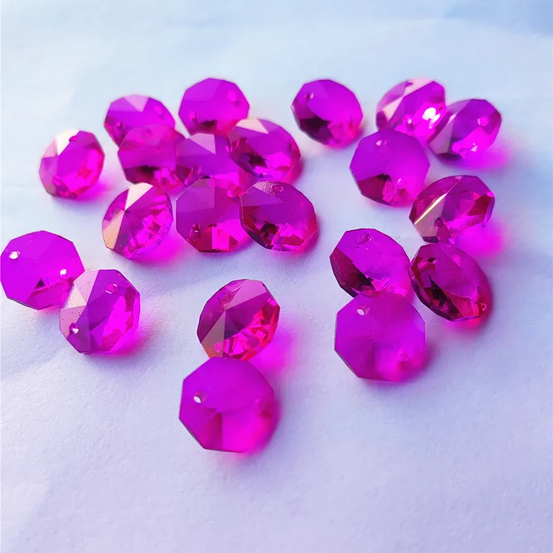 200pcs 14mm Fuchsia Crystal Octagonal Beads Two Holes Glass Curtain DIY Dress Decorate Accessories Chandelier Stone Hanging Part