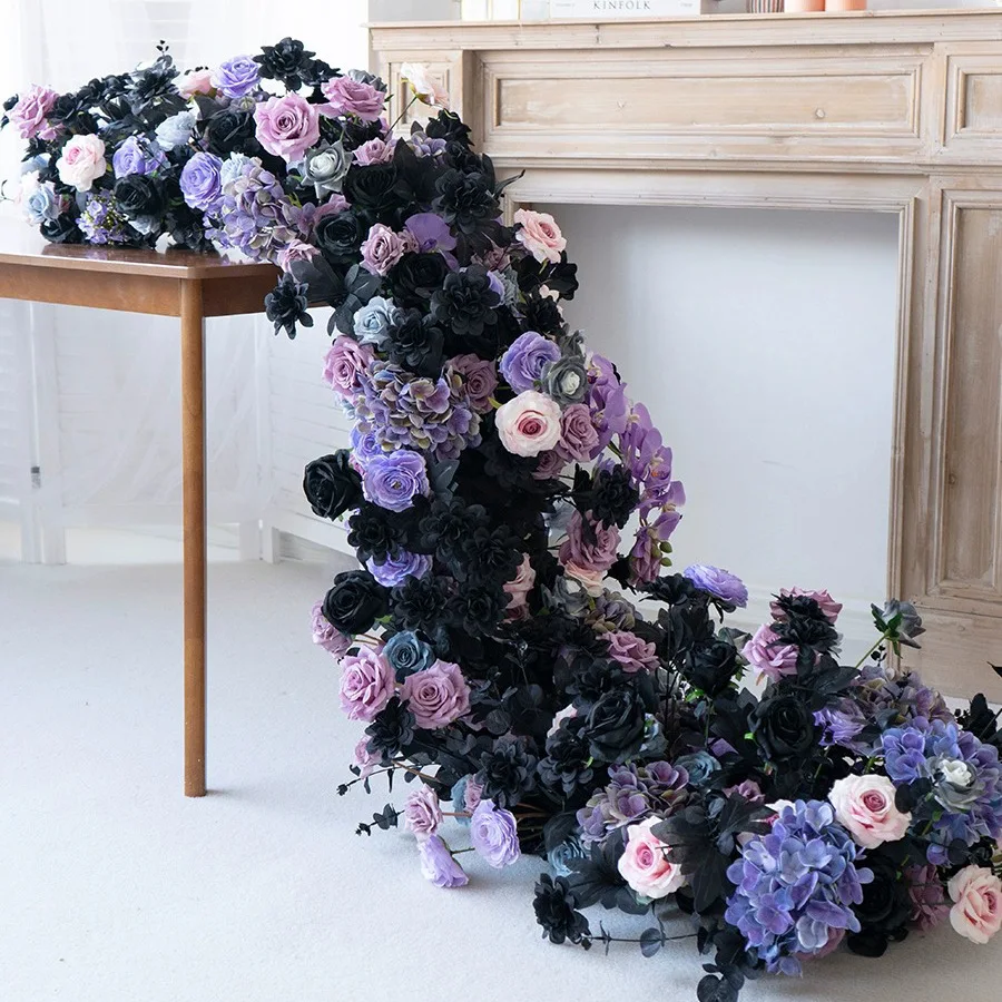 

Wedding hotel black purple strip table flower arrangement photo background birthday event decoration simulation flower arrangeme