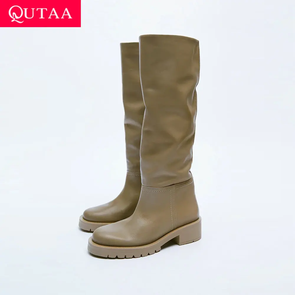 

QUTAA Fashion Women Knee High Boots Full Cow Leather Warm Thick High Heels Motorcycle Boots Woman Lady Shoes 34-43
