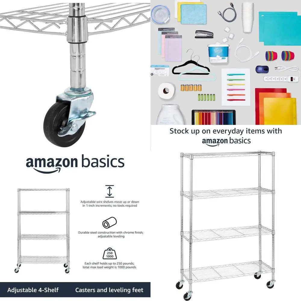 

Регулируемый прочный хромированный стеллаж на колесах, 36x14x57.8, подходит для гаража или кухни
