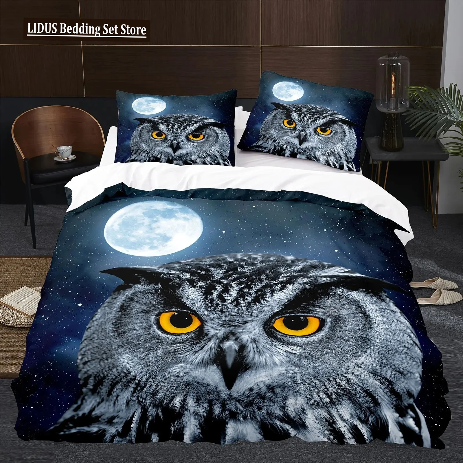 

Owl Boys Youth Duvet Cover Set King Queen Cool Black Nighthawk Safari Wildlife Comforter Cover Bird Animal Polyester Bedding Set