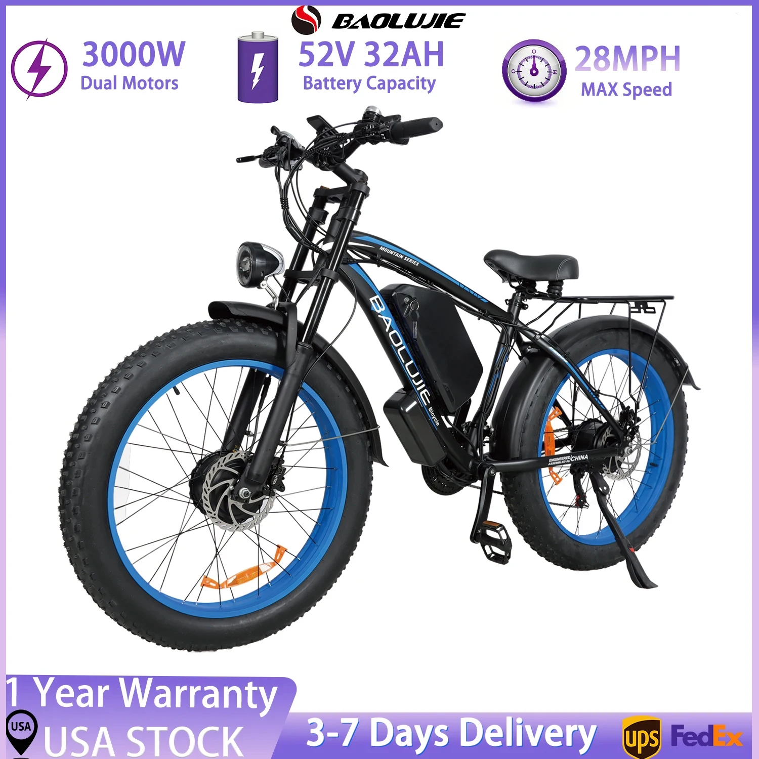 

BAOLUJIE 2602 Adult Electric Bicycle 3000W Motor Electric Bike 52V32AH Battery 26" City Commuter E-Bike Bicycle【1 Year Warranty】