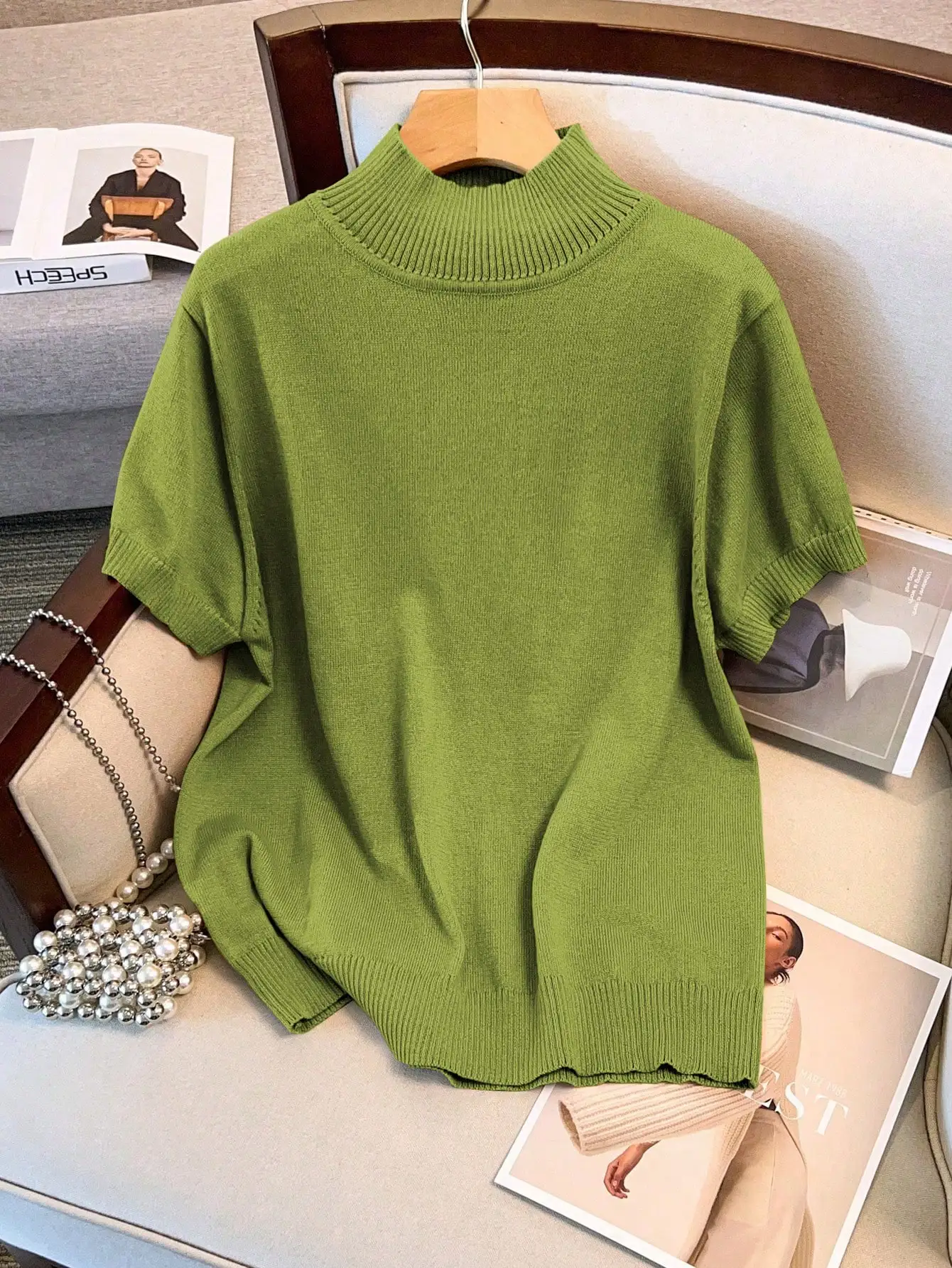 

Green Knit Short Sleeve Turtleneck Sweater Casual Pullover