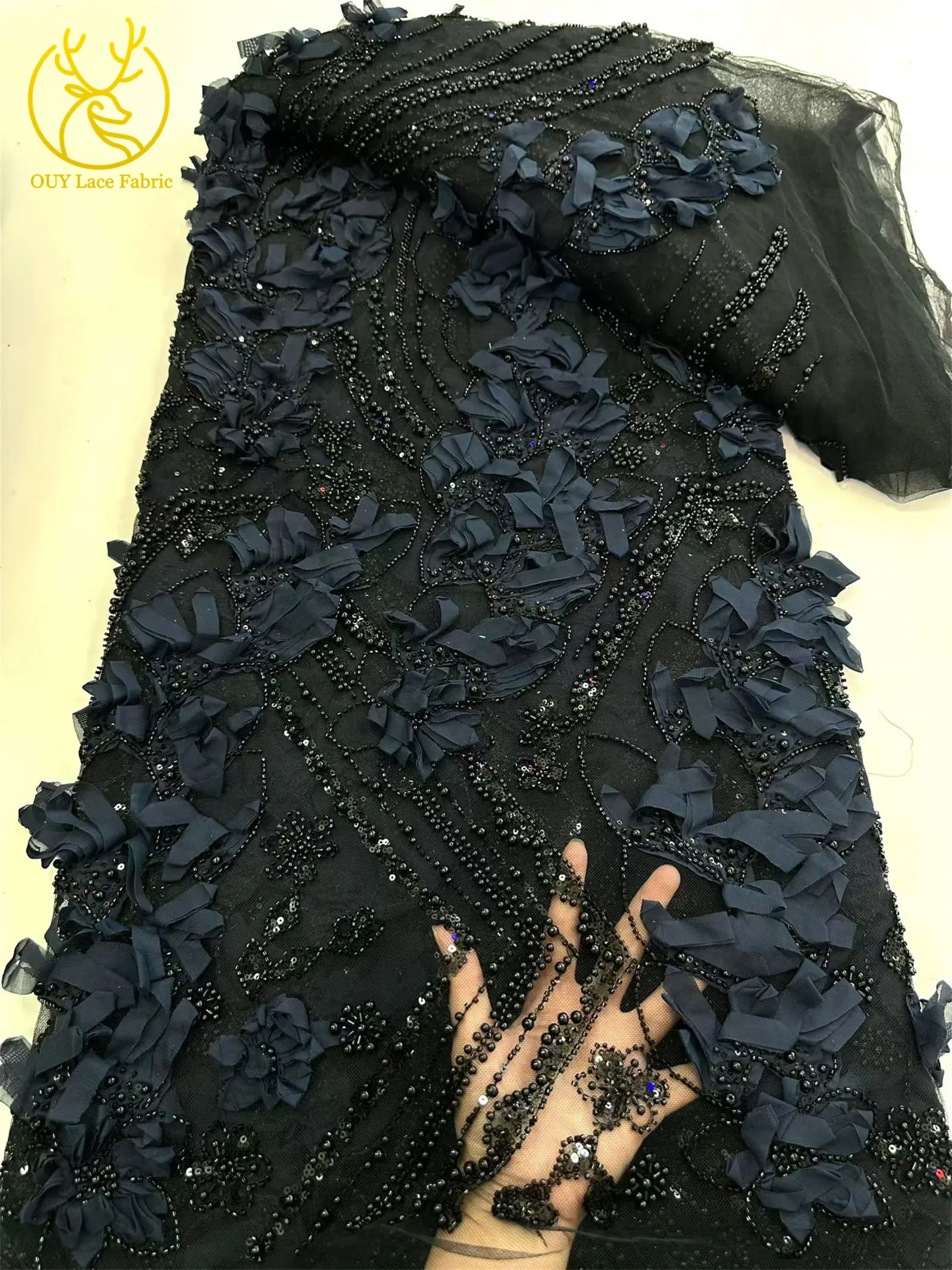 3D Nigerianischer Mesh-Tüll-Spitzenstoff 2026 Hochwertiger Afrikanischer Pailletten-Perlen-Spitzenstoff für Damen-Abendkleider zum Nähen – Detail 13