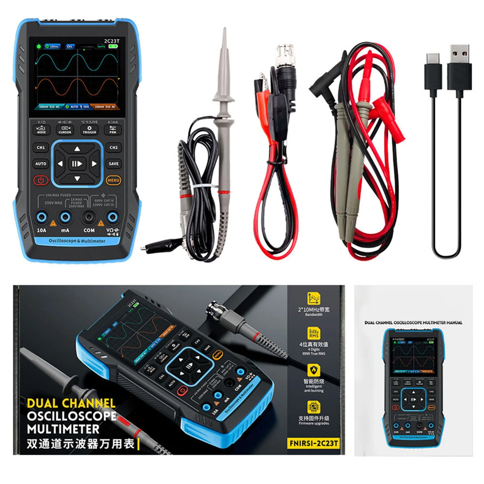 For FNIRSI Latest 2C23T 3-In-1 Multimeter Digital Oscilloscope Signal Generator, Dual Channel 10MHZ*2 50MS/S, 9999 Counts