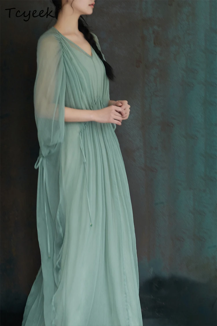 

Tcyeek, 100%Mulberry Silk Elegant Dresses, Women V Neck Shirring, Party Fashion Design OL Dress, 2024 Summer Autumn D464103QM