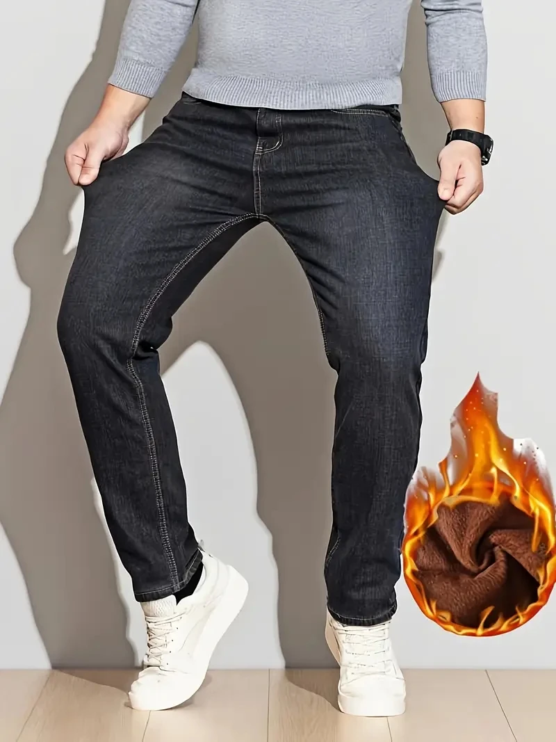 

Men High quality Wqinter Fleece Warm Fashion Business Pants Jeans Classic Denim Trousers Casual Stretch Slim Jeans men jeans