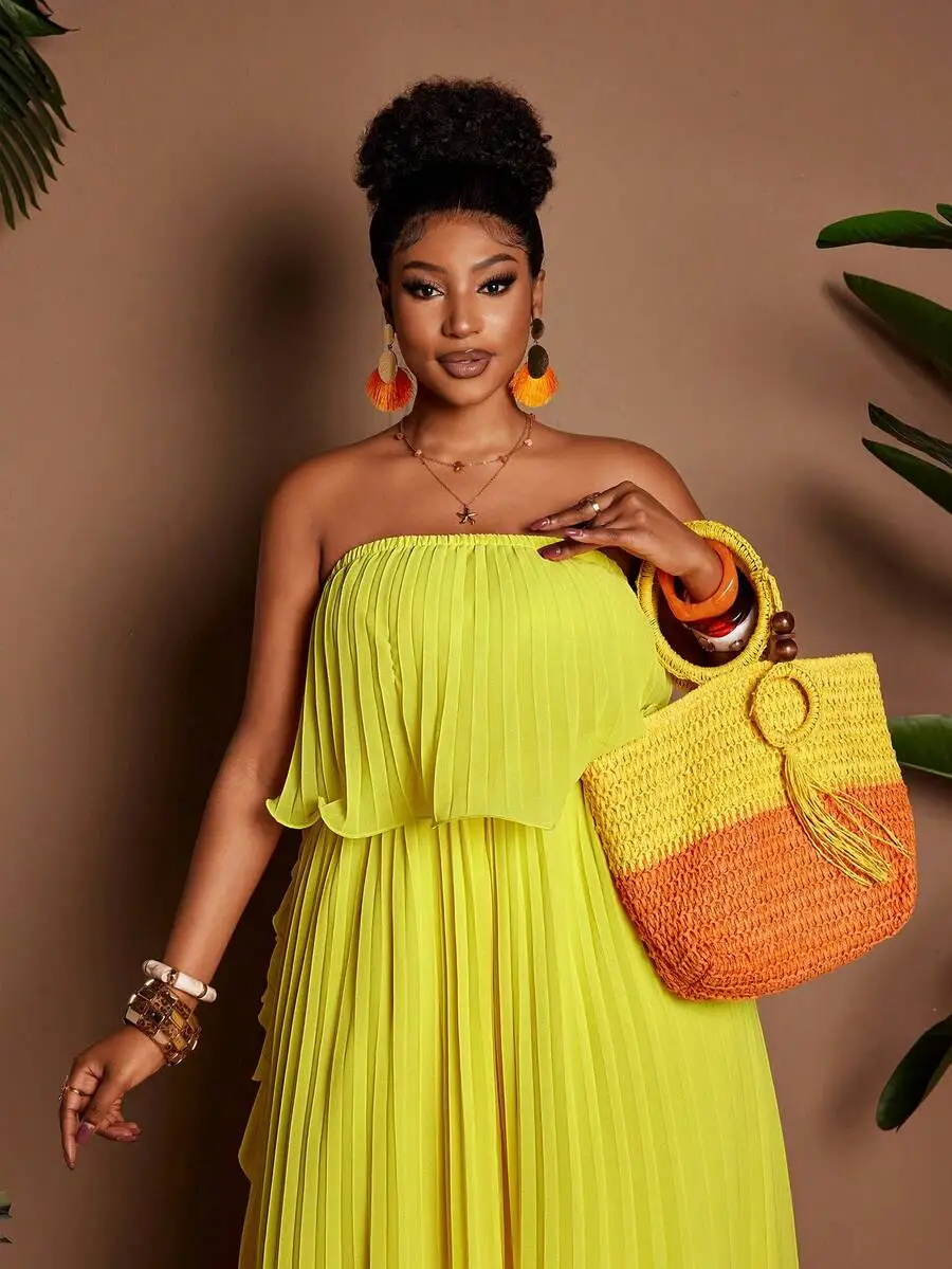 

Lime Green Plus Size Strapless Chiffon Maxi Dress With Pleated Ruffle Hem And Flowy Silhouette