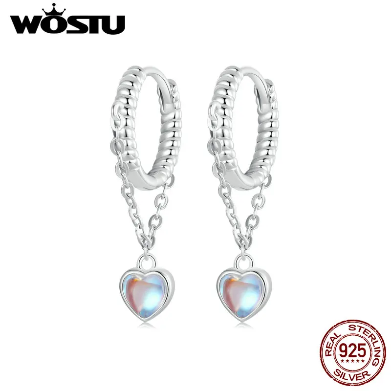 WOSTU 925 Sterling Rainbow Moonstone Heart Drop Link Earrings For Women Mystic Crystal Hoop Earrings Party Birthday Jewelry Gift