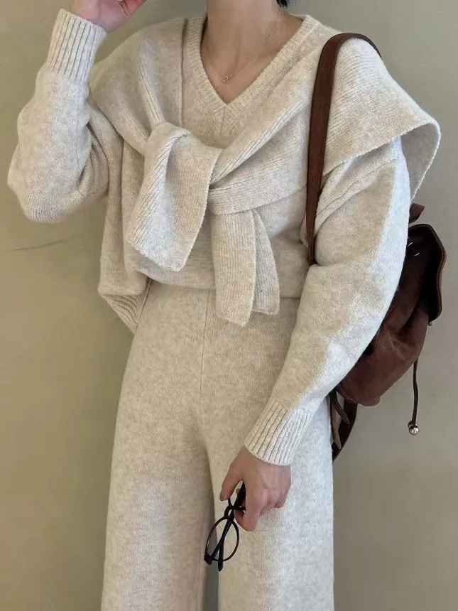 سترة محبوكة فضفاضة بياقة على شكل V على الطراز الكوري، سترة نسائية أنيقة، شال، بنطلون واسع الساق، طقم خريفي من ثلاث قطع عصري