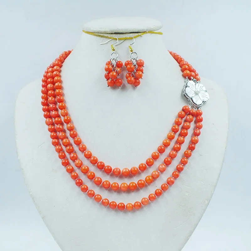 

High quality. 3-row 6MM natural orange coral necklace/earring set. European Women's Wedding Jewelry Set