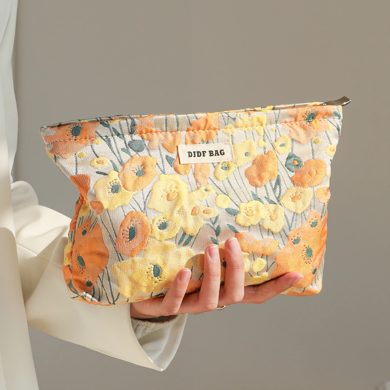 Women\'s Makeup Bag Yellow Flowers Portable Lipstick Air Cushion Mobile Phone Storage Bag Commuter Clutch Travel Amenity Bag Ins