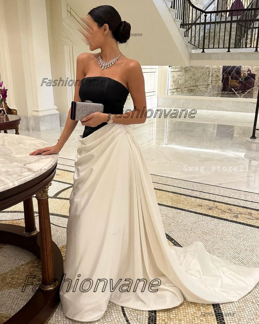 

Fashionvane Modern Black&White Prom Dresses Strapless Zipper Back Evening Dress Pick Ups A Line Special Party Banquet Gowns