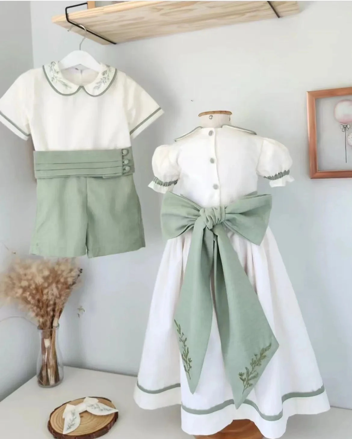 1-12Y Baby Girl Summer Handmade Embroidery White Green Dress Boy Suite for Birthday Holiday Photography Eid Casual