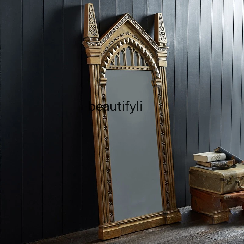 Special-shaped full-body mirror floor-to-ceiling wall-mounted home retro old decorative mirror living room