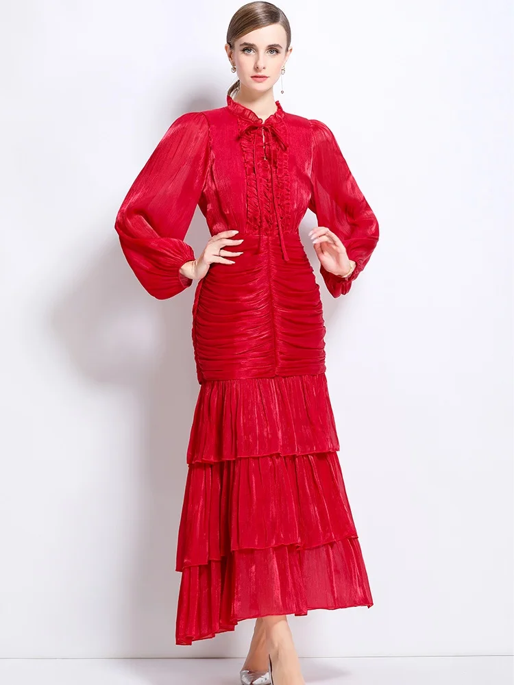 

SMTHMA элегантное вечернее платье во французском стиле, женские высококачественные длинные платья с рукавами-фонариками и рюшами для подиума