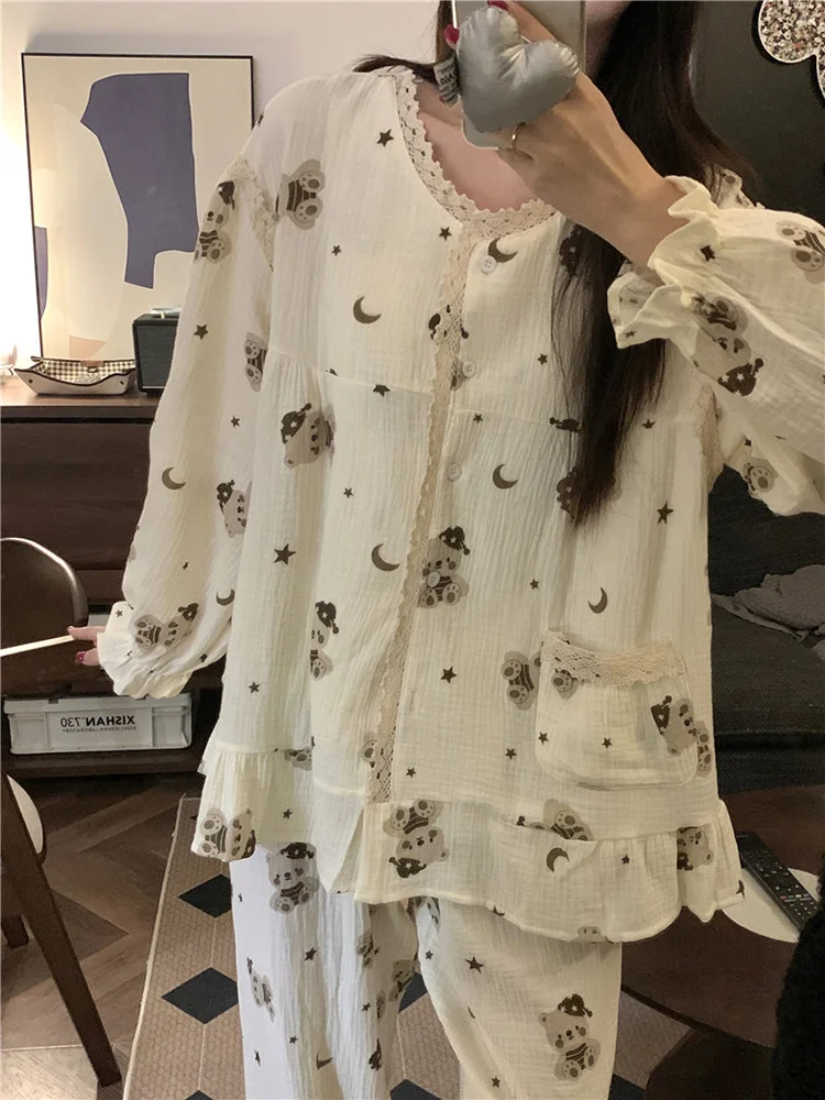 New Soft Home Bear Printing Cute Korean Sweet Winter Long Sleeve Pajama Set Women Elegant Casual Loose Warm Cotton Sleepwear Ins