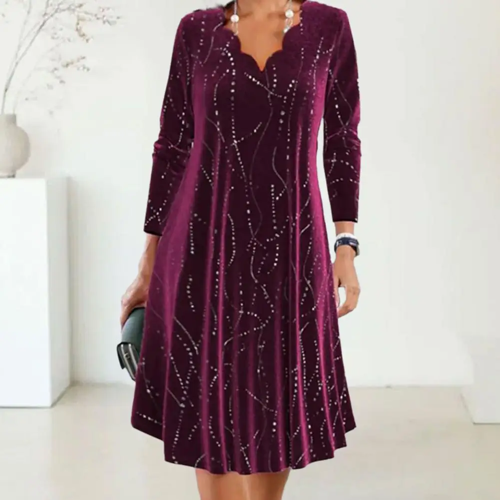 

Women Dress Flower Edge V Neck Long Sleeve Dress A-line Loose Sequin Pullover Knee Length Commute Party Prom Midi Dress