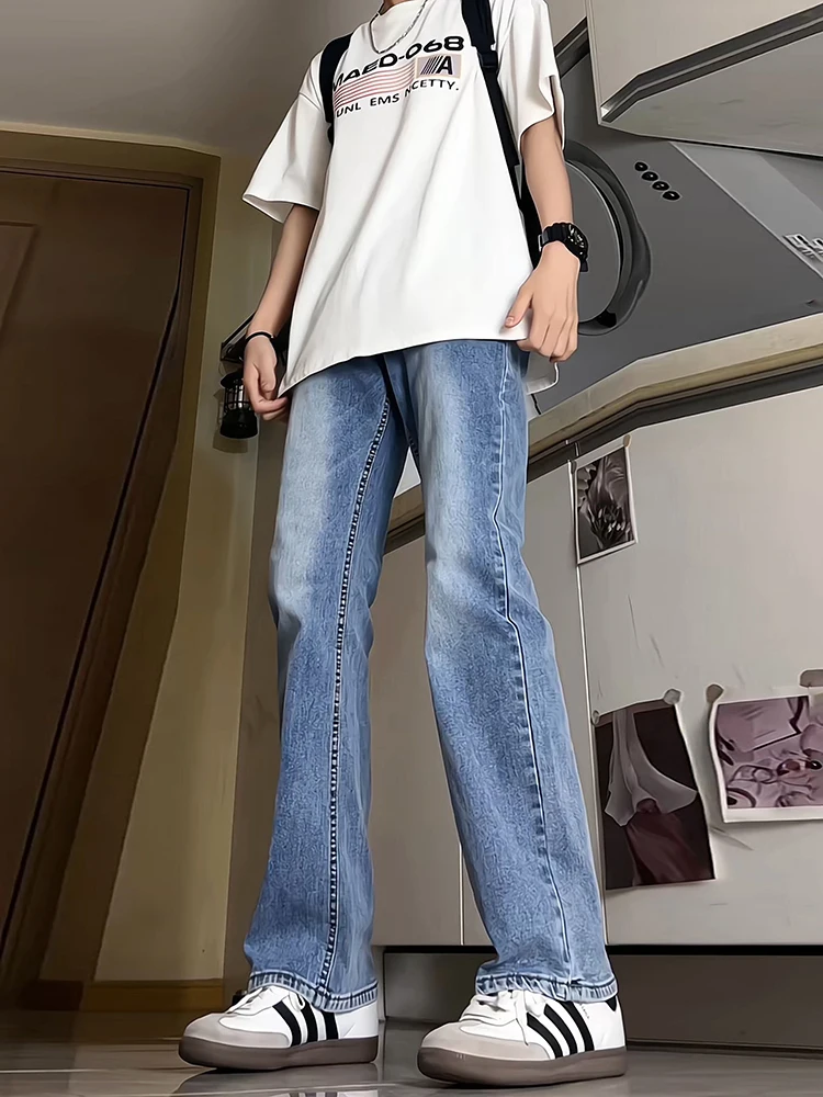 

American Sle Retro Light Blue Men's Jeans High Waist Slim Straight Leg Long Pants Summer Faion Trend Youth Cotton Denim