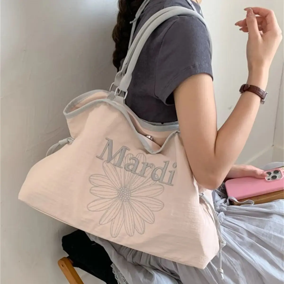 Women New Summer Niche Design Colorblock Letter Embroidery Trendy Chic Versatile Shoulder Tote Bag Commuter Daily