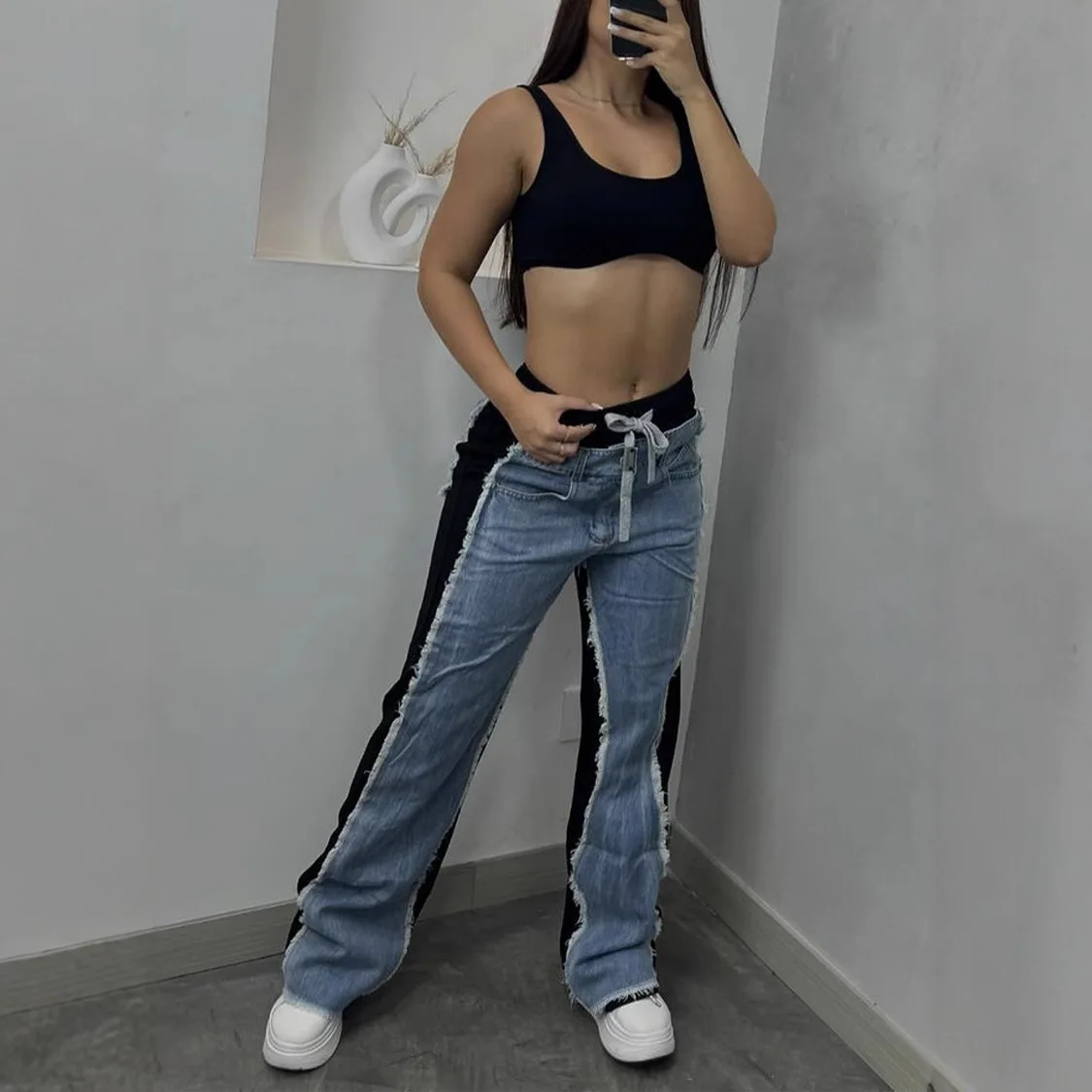 Jeans Women Casual Pants Y2k Streetwear Straight Patchwork High Elastic Waist Zipper Slight Strech Mom Spring Long Pants Capris