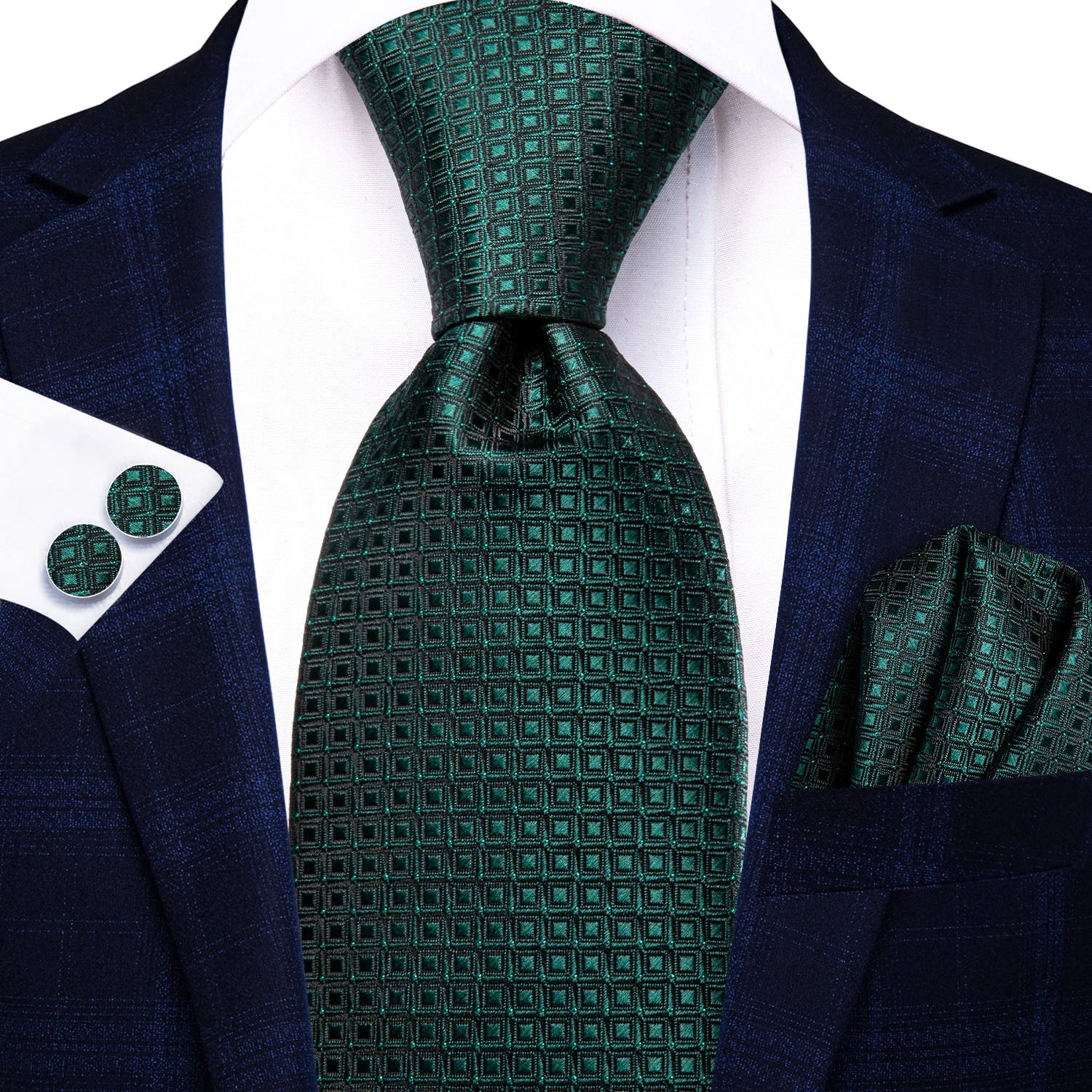 

Hi-Tie Dark Green Plaid Designer Elegant Men Tie Jacquard Necktie Accessory Cravat Wedding Business Party Hanky Cufflinks