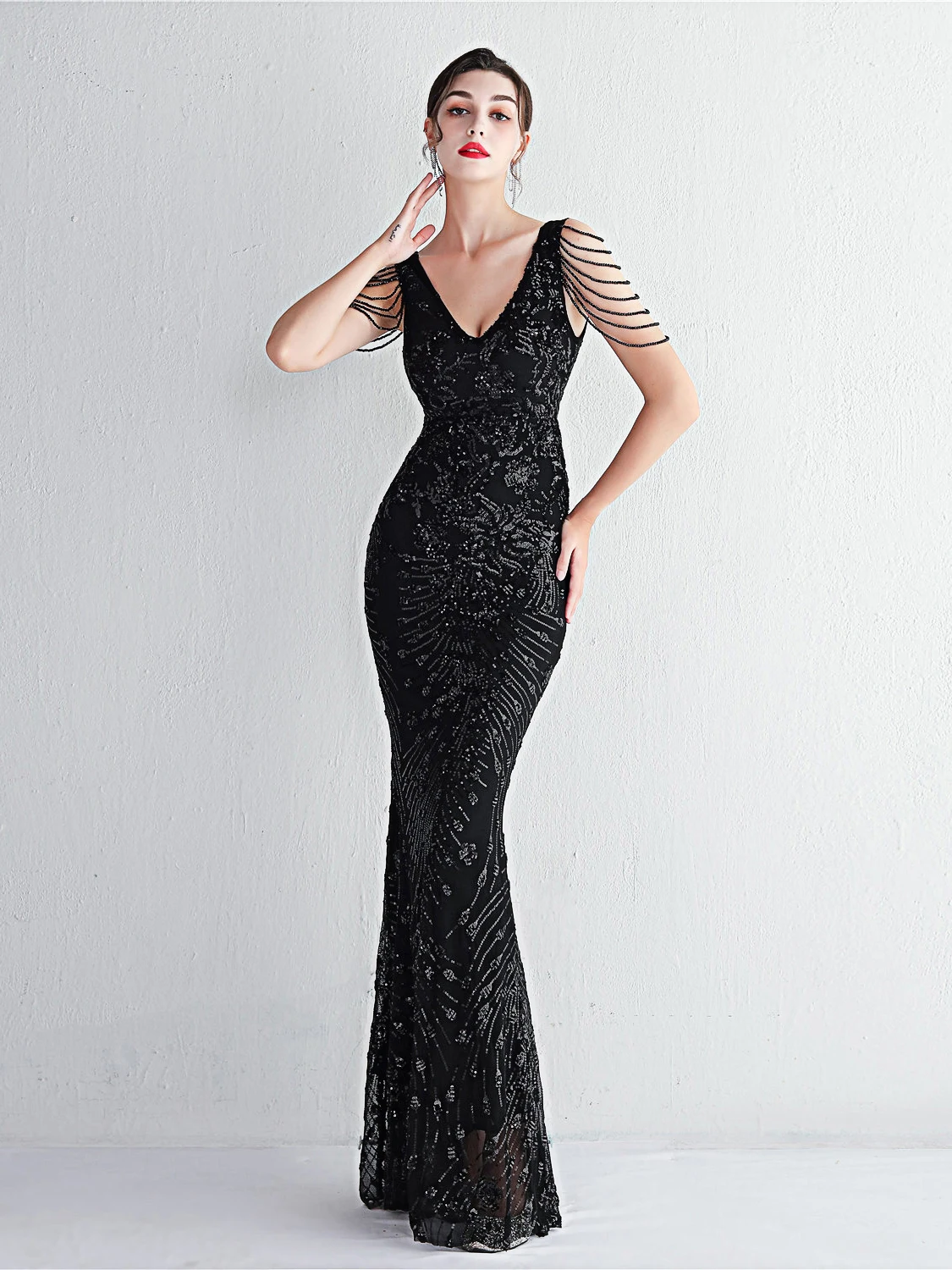 Robe de soirée longue et scintillante pour femmes, décolleté en V profond, coupe cintrée, queue de Fi Dr, Sensation de luxe, modèle hôte, Sexy, taille moyenne, fermeture éclair