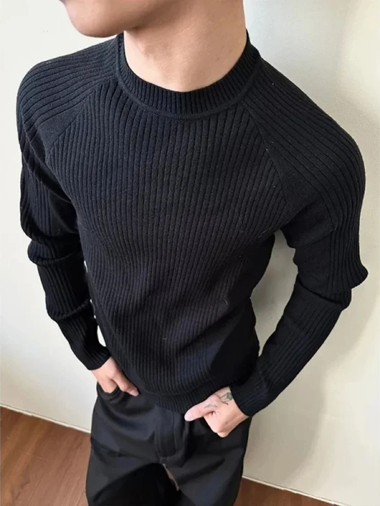 American Style Texture Knitted Long Sleeve Men's Sweater Fitness Sporty Slim Fit Base Shirt Casual Style round Neck Warmth