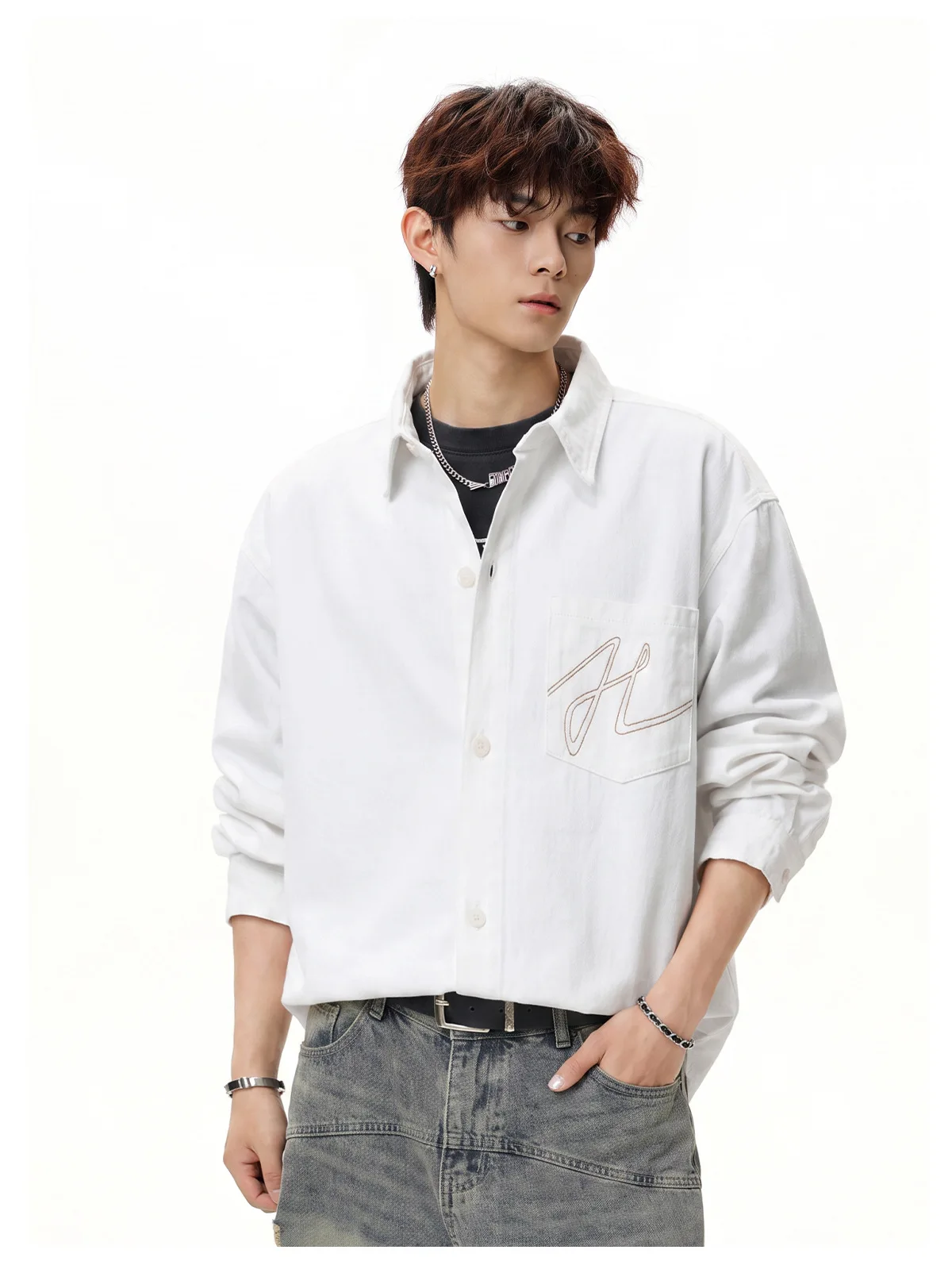 Men's Retro Distressed Long-Sleeve Denim Shirt Simple Letter Embroidery Minimalist Shirt Jacket Office