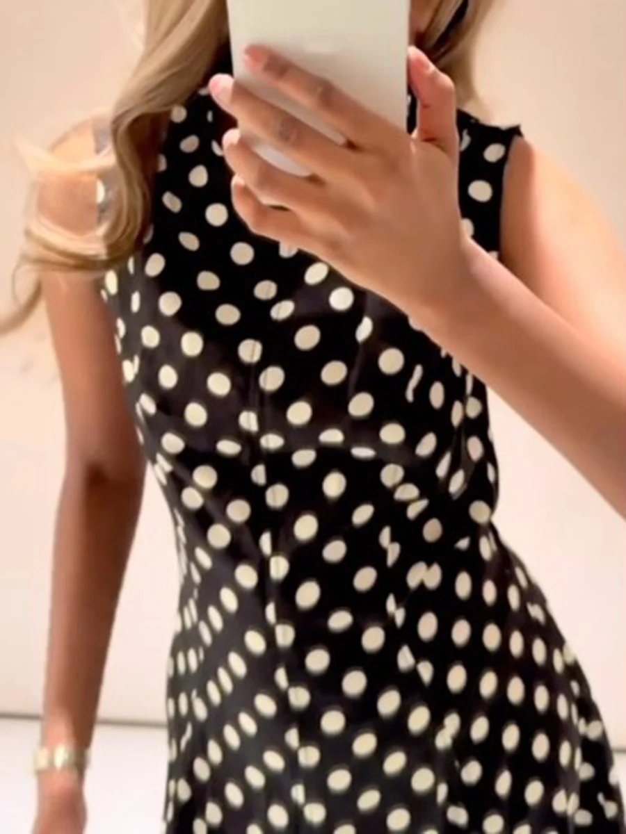 

Black Polka Dots Midi Dress Women Summer Crew Neck Sleeveless Elegant Long Dresses Simple Fashion Casual A-line Vestidos New