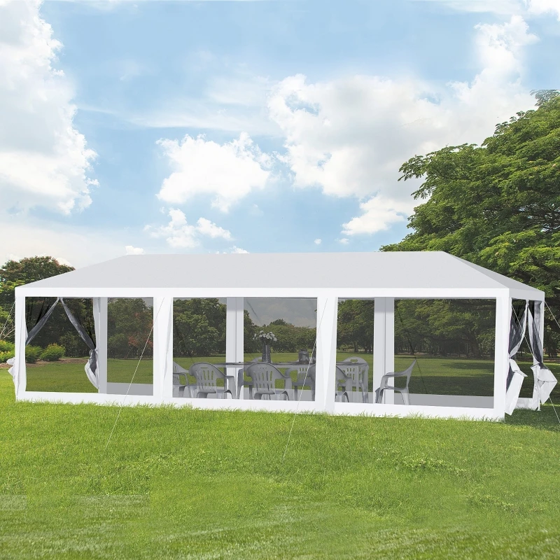 

10' x 30' Easy Open Gazebo Canopy Wedding Party Tent with 8 Removable Mesh Side Walls - White