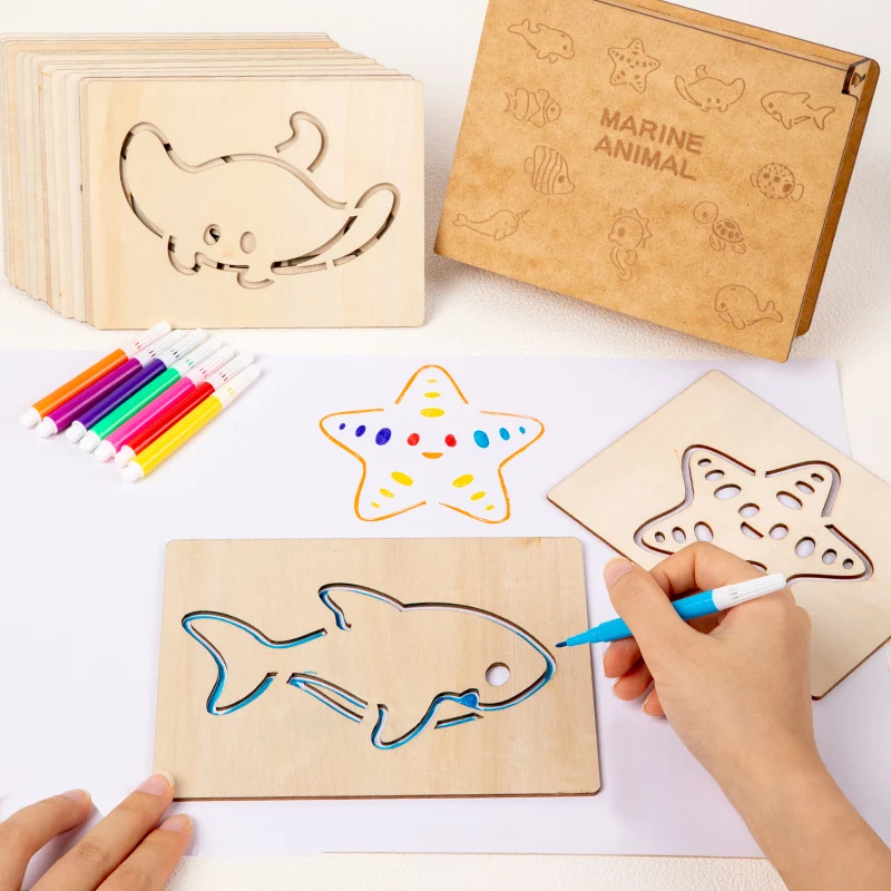 Montessori Scatola di legno per bambini Tavolo da disegno Giocattoli Pittura fai da te Stencil Modello Giocattolo artigianale Puzzle Giocattolo educativo per regalo per bambini