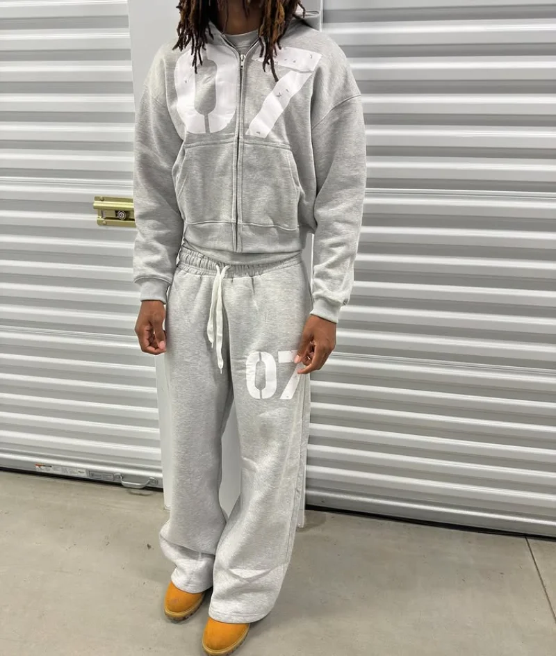 

Streetwear Y2K Casual Baggy Sweatpants Drawstring Sports Pants Zipper Cardigan Digital Print Hooded Men Women Street 2 Pcs Set